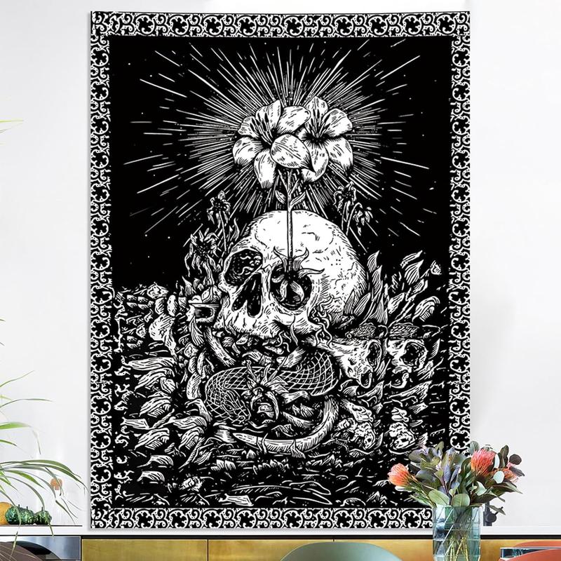 Halloween Black and White Skull Skeleton Goth Wall Decor Tapestry for Bedroom, Goth Punk Floral  Room Decor Tapestries, Tapestry Aesthetic Backdrop for Living Gaming Room College Dorm 35