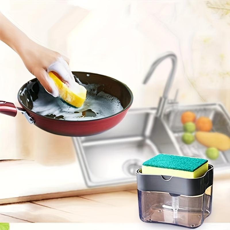 Press Type Detergent Box, Kitchen Soap Container with Cleaning Sponge for    Dishwashing Liquid, Soap Dispenser for Kitchen Bathroom