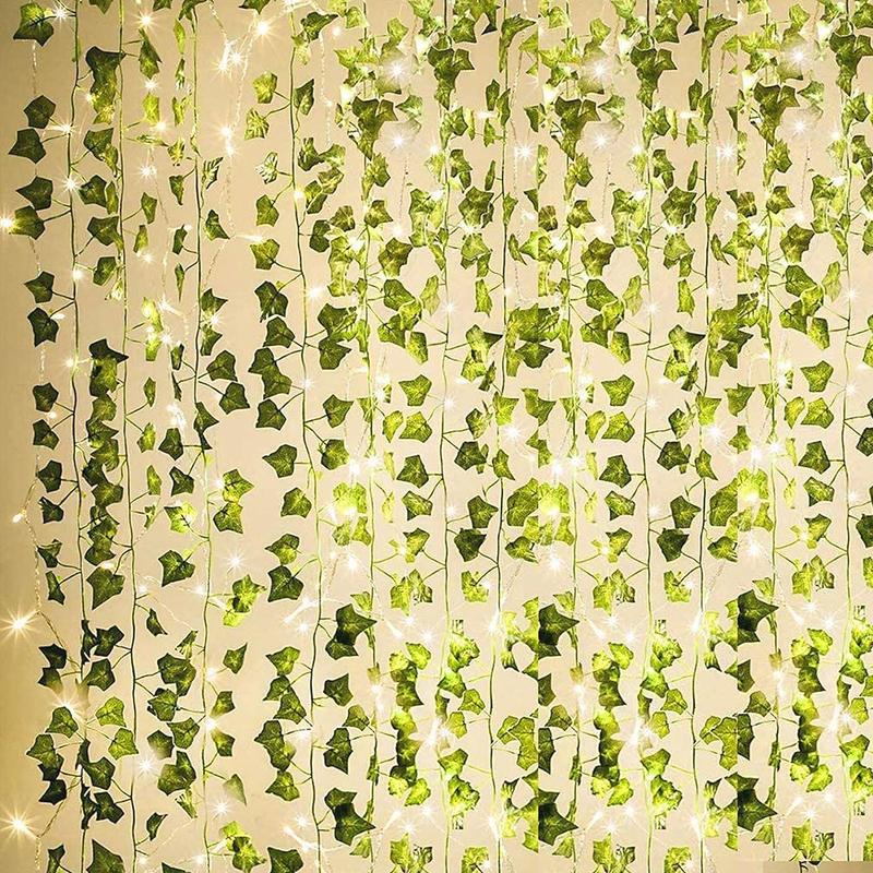 12 Pack Artificial Ivy Garland Fake Plants, Vine Hanging Garland with CE Certified 80 LED String Light, Hanging for Home Bedroom Garden Party Wedding Wall Room Decor, Each 7ft long with 80 leaves, Totaling 84ft,Outside,Outdoors,Waterproof,Sunscreen,Green