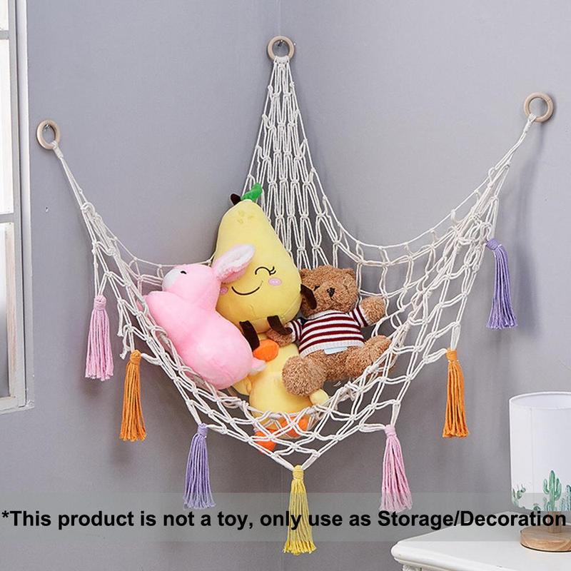 Hanging Stuffed Animal Toy Hammock, 1 Count Boho Tassel Decor Hanging Storage Basket, Wall Corner Hanging Hammock, Hanging Organizer for Stuffed Animals