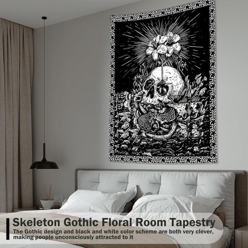 Halloween Black and White Skull Skeleton Goth Wall Decor Tapestry for Bedroom, Goth Punk Floral  Room Decor Tapestries, Tapestry Aesthetic Backdrop for Living Gaming Room College Dorm 35