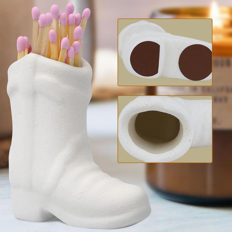 Cowboy Boot Match Holder With Striker - Coastal Home Ceramic Cowgirl Boot Decor Aesthetic Small Cute Matchstick Box Western Decorative Mini Matchesboxes For Bathroom Bedroom Fireplace Kitchen (white)