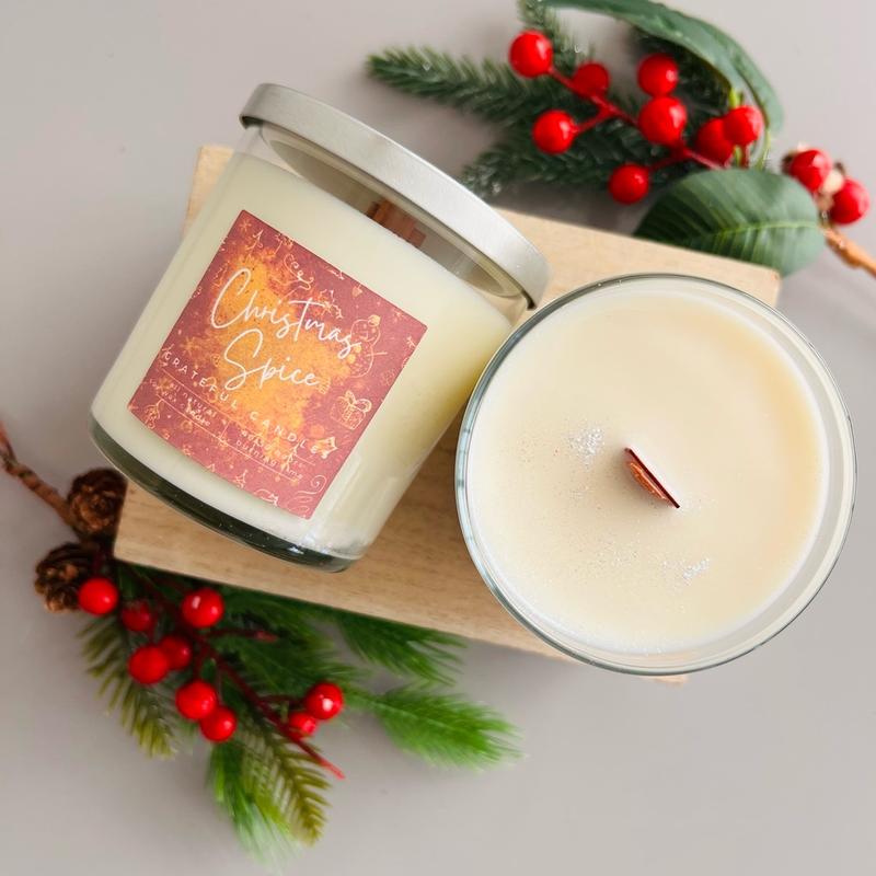 Scent of the week!! Christmas Spice    A fruity spicy bouquet with cinnamon, clove, nutmeg, and juniper notes with a sweet, musky background.   12 ounce candle wood cracking wick