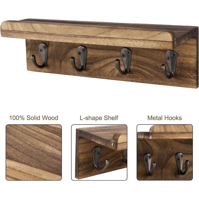 Unique Rustic Key Holder for Wall - Farmhouse Wall Shelf with 4 Hooks, Wall Mounted Key Racks. Durable Wooden Mail Organizer with Hooks for Entryway - Must-Have Accessory