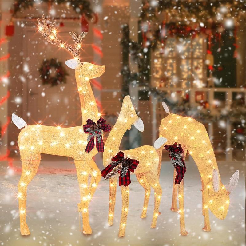 3-Piece Christmas Reindeer Family Set, 4.3Ft 3D Lighted Christmas Decoration with 175 LED, Outdoor Xmas Deer Decorations for Yard Patio Lawn Garden Party Ornaments