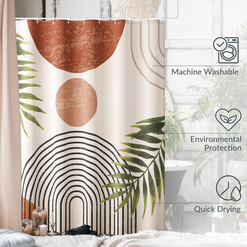 Boho Style Leaf Print Shower Curtain, Modern Waterproof Shower Curtain with 12 Hooks, Bathroom Supplies for Home Decor