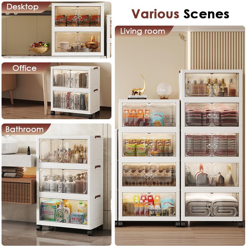 Upgraded Plastic Storage Bins with Lid, Large Stackable Storage Cabinet with Magnetic Doors & Wheels, Translucent Collapsible Closet Organizers and Storage for Living Room Kitchen Christmas Boxes