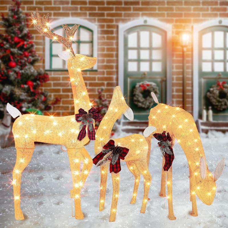 3-Piece Christmas Reindeer Family Set, 4.3Ft 3D Lighted Christmas Decoration with 175 LED, Outdoor Xmas Deer Decorations for Yard Patio Lawn Garden Party Ornaments