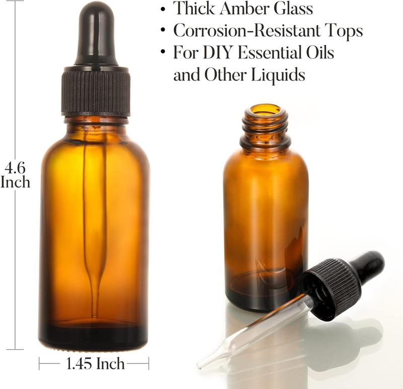 4 Pack, 2 oz Dropper Bottles with 1 Funnel & 4 Labels - 60ml Thick Dark Amber Glass Tincture Bottles with Eye Droppers - Leakproof Essential Oils Bottles