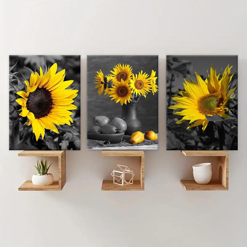 Sunflower Pattern Wooden Framed Canvas Painting, 3 Counts Modern Wall Art Poster, Wall Decor for Home Living Room Bedroom Office Room Decor, Christmas 2024 Ornament, Christmas Gift Ideas, Stocking Stuffers