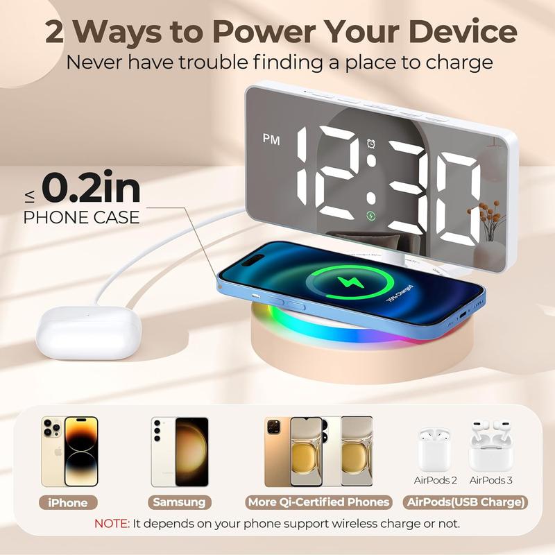 Digital Alarm Clock with Wireless Charging, Mirrored LED Clock for Bedroom Decor with 5 Brightness+OFF, USB Charger, Progressive Volume, Dimmable Light Alarm Clock for Home, Bedroom Office Decor Set Colorful Rgb Traditional