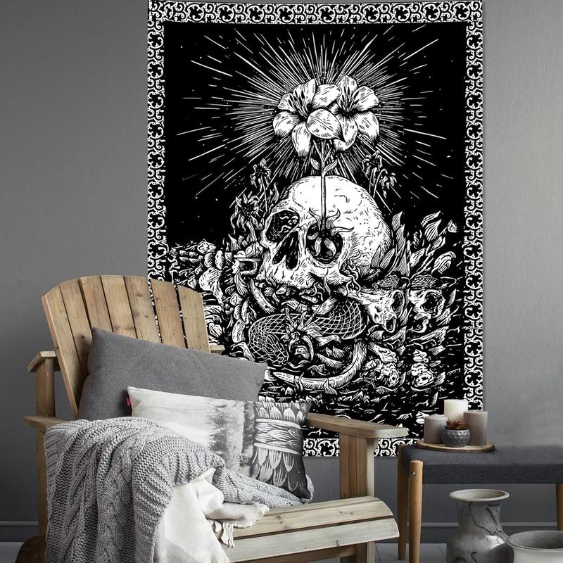 Halloween Black and White Skull Skeleton Goth Wall Decor Tapestry for Bedroom, Goth Punk Floral  Room Decor Tapestries, Tapestry Aesthetic Backdrop for Living Gaming Room College Dorm 35