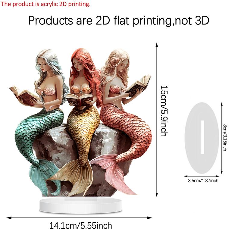 Mermaid Design Reading Book Ornament, 2D Acrylic Desktop Decoration Sign, Home Decor for Living Room, Bedroom, Desktop, Cafe, Farmhouse