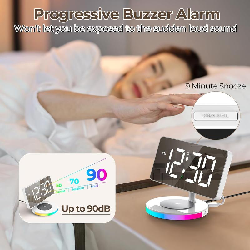 Digital Alarm Clock with Wireless Charging, Mirrored LED Clock for Bedroom Decor with 5 Brightness+OFF, USB Charger, Progressive Volume, Dimmable Light Alarm Clock for Home, Bedroom Office Decor Set Colorful Rgb Traditional