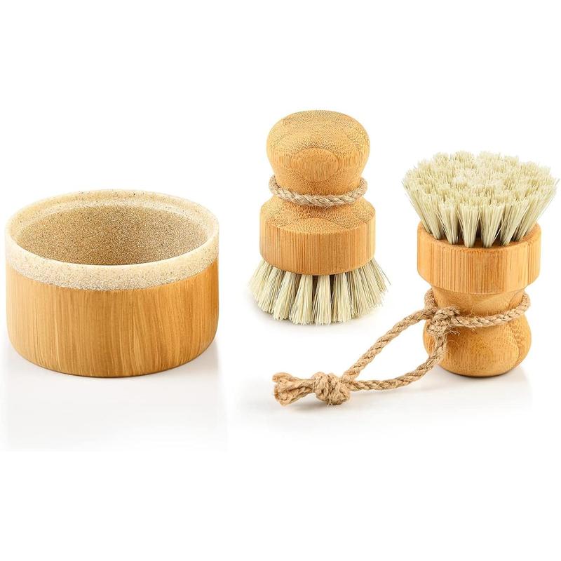 Bubble Up Bamboo Dish Brush Set with Soap Holder, Wooden Dish Scrubber with Soap Dispenser, Natural Kitchen Scrub Brush, Washing Pot Pans Cast Iron, 2 Pack, Sisal Bristles