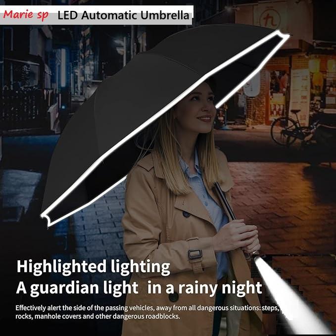 LED Light Automatic Folding Umbrella, Reflective Handle Foldable Portable Waterproof Parasols UV Protection Windproof Aluminum Cover outdoor