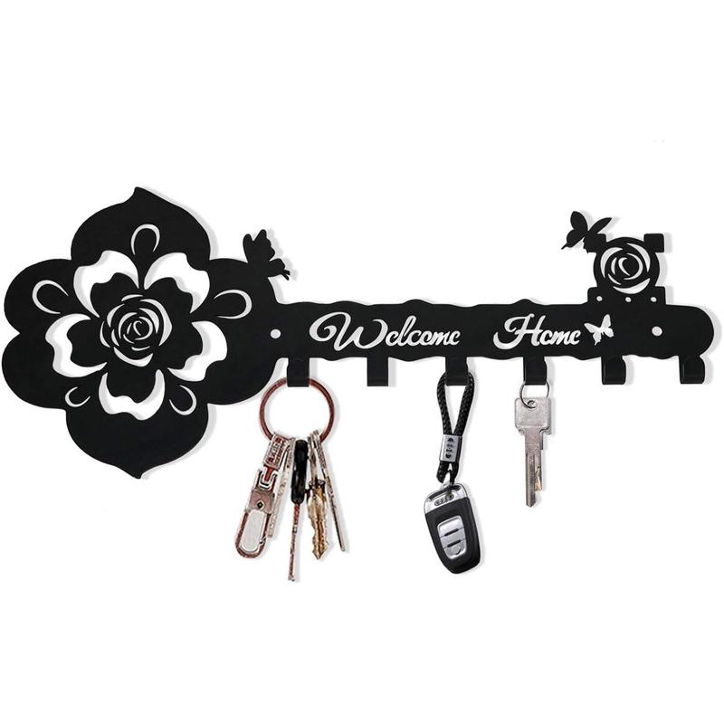 Key Hooks Holder for Wall Decorative - Small Black Entryway Welcome Home Sign Key Hanging Hangers Wall Mounted Racks