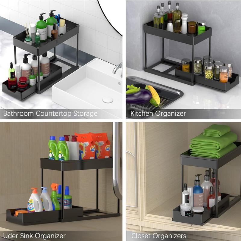 2 Pack Under Sink Organizers! 2-tier sliding cabinet baskets with hooks. Multi-purpose storage for bathroom and kitchen.