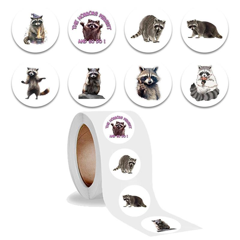 Raccoon Pattern Round Sticker (500pcs roll), Cute Animal Pattern Decorative Sticker, Decorative Label for Water Bottle & Phone Case & Envelope Sealing