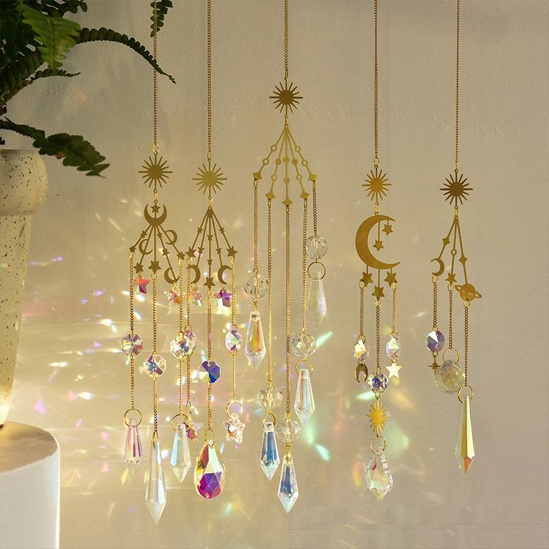 Sun Catcher Hanging Decor, 5 Counts set Artificial Crystal Sun Catcher with Chain, Hanging Decor for Home Garden Party Wedding