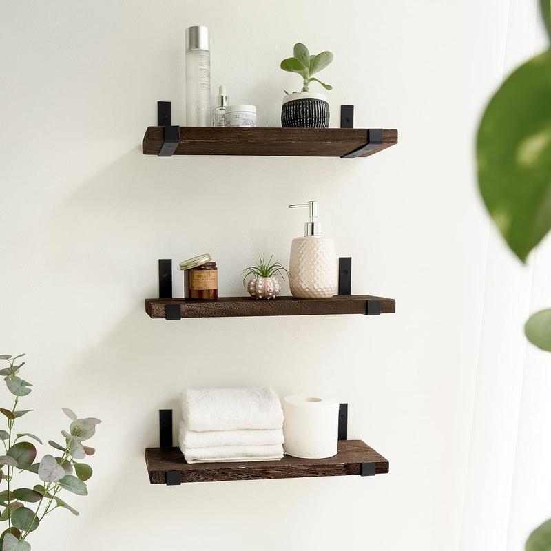 Rustic Wood Floating Shelves Wall Mounted Shelving Set of 2 Decorative Wall Storage Shelves with Lip Brackets for Bedroom, Living Room, Bathroom, Kitchen, Hallway, Office