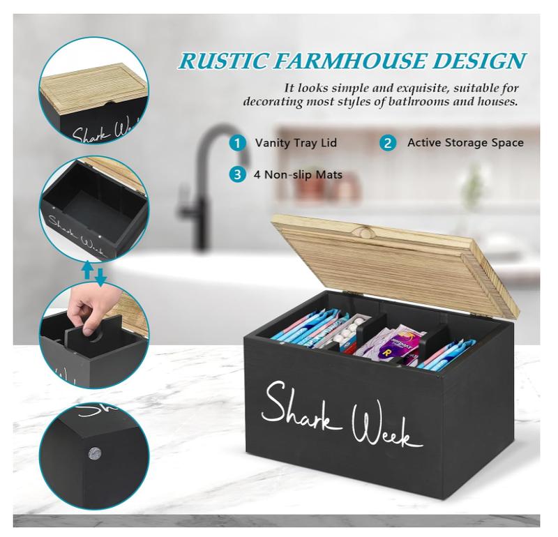 Tampon Holder for Bathroom with Lid, Shark Week Tampon Storage Pad Organizer for Bathroom, Farmhouse Tampon and Pad Storage Container Countertop, Feminine Products Caddy, Bathroom Decor Box