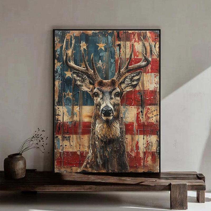 Deer & America Flag Pattern Unframed Painting, 1 Count Modern Wall Art Canvas Printing, Wall Decor for Home Living Room Bedroom Office School