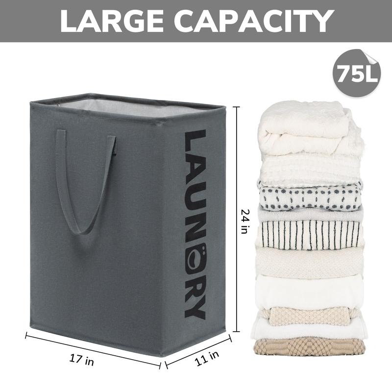 Large Laundry Basket Tall Hampers with Extended Handles, Collapsible Cloth Bins in the Dorm and Family, Foldable Laundry Hampers for Clothes Toys, Towel, 2-Pack 75L, Grey Bin