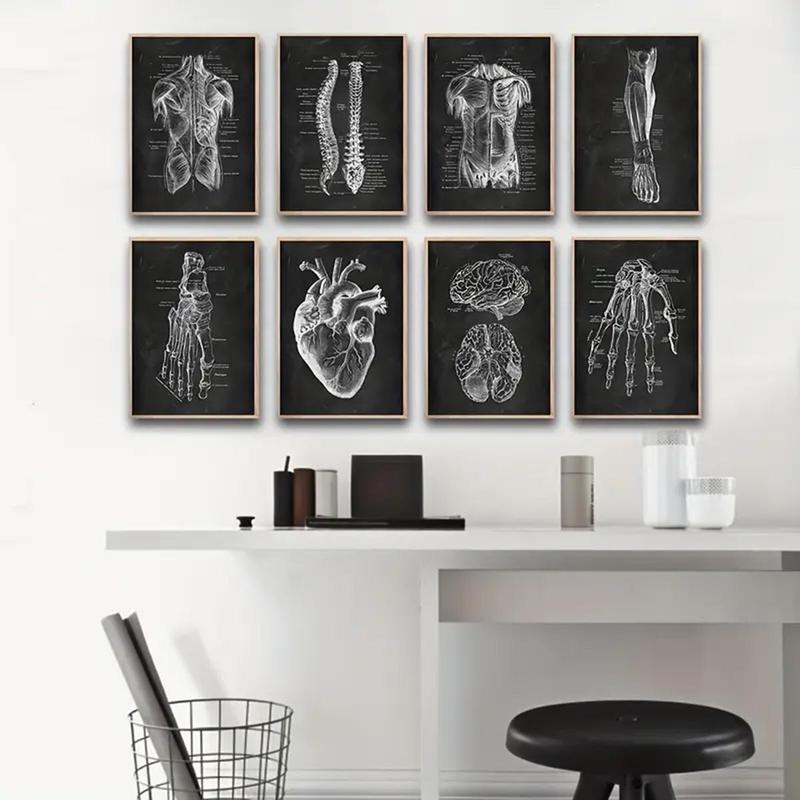 Skeleton Anatomy Pattern Unframed Painting, 8pcs set Vintage Simple Canvas Medical Wall Art Poster, Wall Art Decor for Home Classroom Office, Home Decor