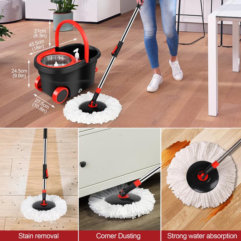 Stainless Steel Spin Mop and Bucket with Wringer on Wheels, 3 Microfiber Mop Replacement Heads, Black & Red Household Buckle Pet Wall 