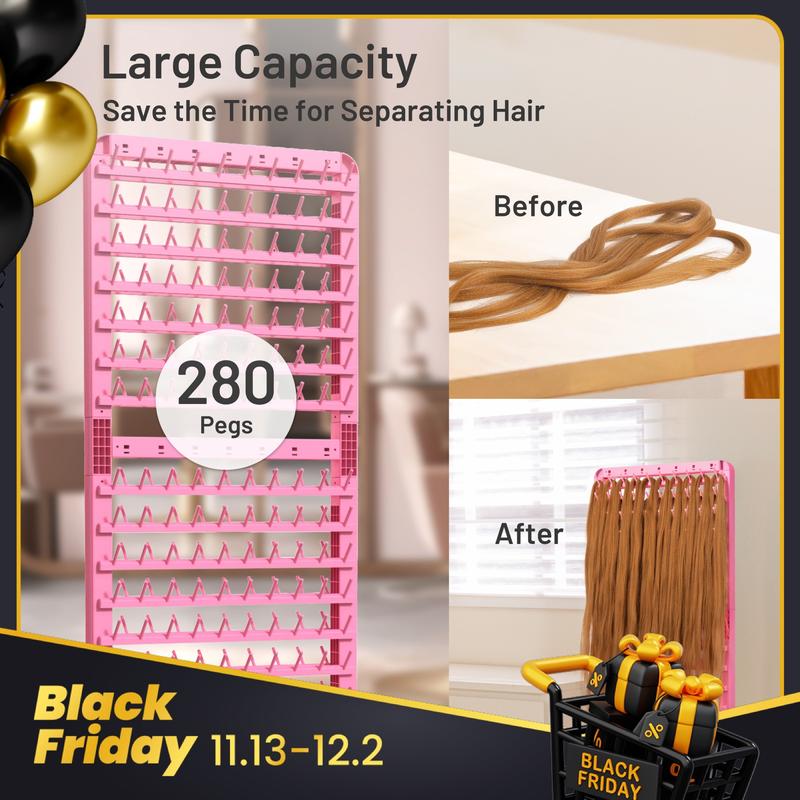 Adjustable Braiding Hair Rack 280 Pegs, 2-Sided Braid Rack for Hair Braiding, Height Adjustable Hair Separator Stand with Wheels, Pink Standing Braid Rack for Braiders Standing for Stylists