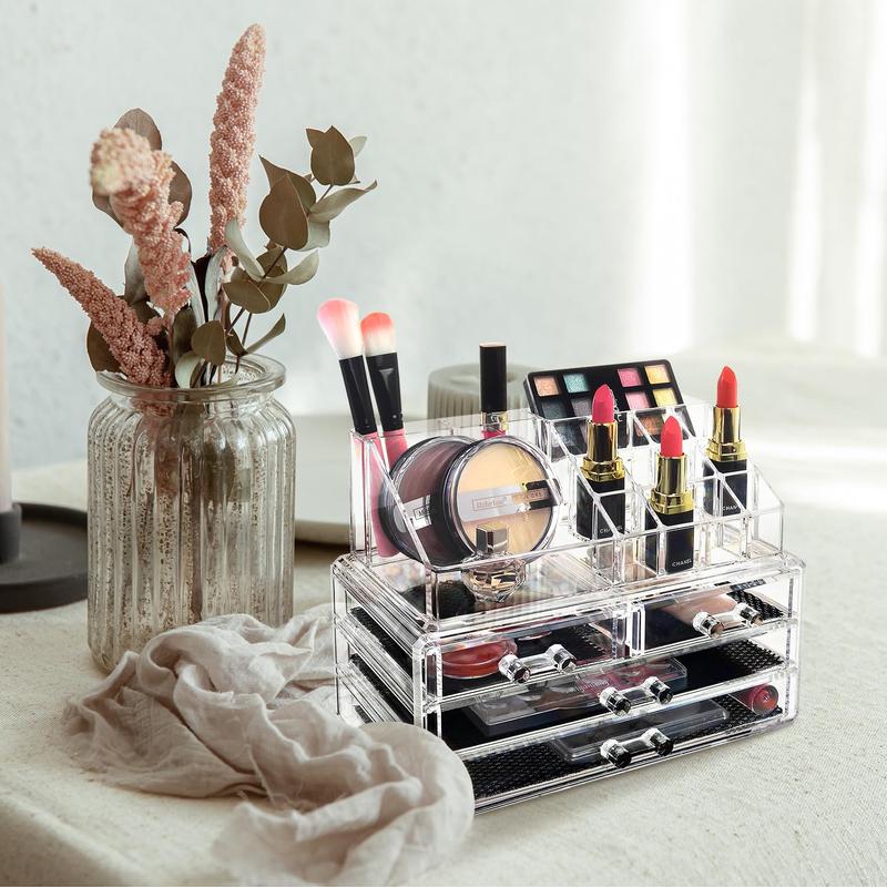 Acrylic Makeup Organizer with 4 Drawers and Removable Top Lipstick Holders, Ideal for Make-up or Accessories,Enhance Your Vanity or Bathroom with Clear Design for Quick Visibility