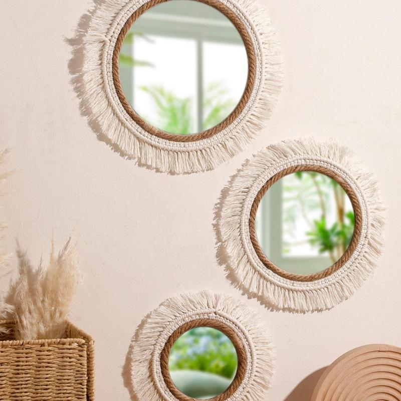 Boho Style Wall Mirror, 1 Count Handmade Tassel Decor Round Mirror, Wall Hanging Decor for Home Living Room Bedroom Study Room Coffee Shop