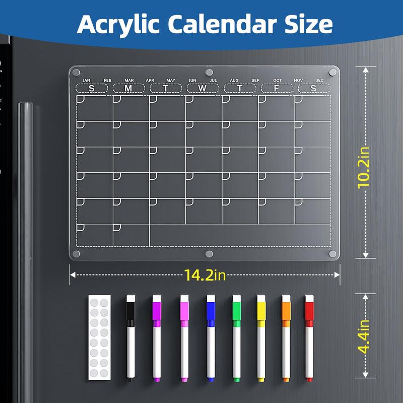 Acrylic Magnetic Calendar for Refrigerator, Clear Monthly Planner and Dry Erase Calendar for Fridge with 8 Colors of Markers, 14.2