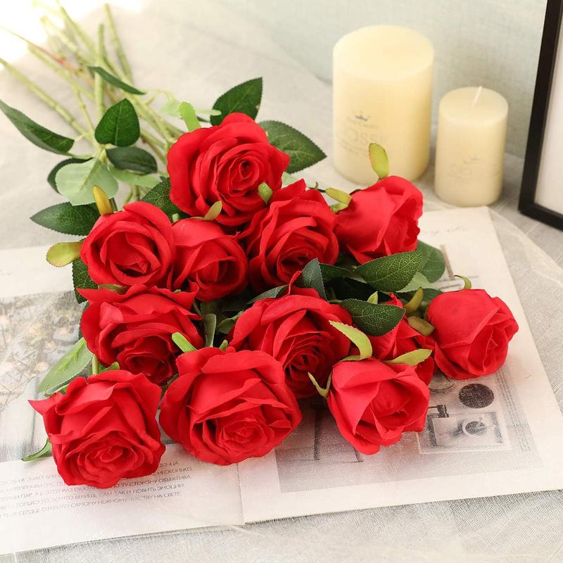 12PCS Artificial Silk Flowers Realistic Roses Bouquet Long Stem for Home Wedding Decoration Party A-Red -1