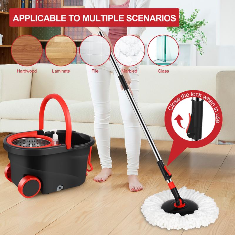 Stainless Steel Spin Mop and Bucket with Wringer on Wheels, 3 Microfiber Mop Replacement Heads, Black & Red Household Buckle Pet Wall 