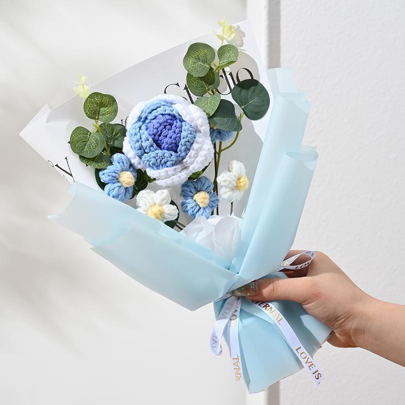 Flower Design Handmade Crochet Bouquet, 1 Count Creative Wrapped Flower Bouquet, Perfect for Birthday, Proposal, Thank You Gift