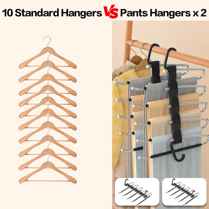 2 Pack Anti-Slip Pants Hangers Space Saving Clothes Hanging 5 Layers, Non Slip Pant Hangers for Closet Organizers and Storage, Stainless Steel Jean Hangers Multifunctional Pants Rack for Trouser, Scarf, Skirt