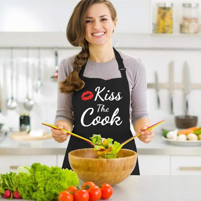 Funny Aprons for Women Men - Kiss the Cook Apron - Funny Chef Cooking BBQ Grill Aprons with 2 Pockets - Birthday Mothers Day Gifts for Mom, Wife - Fathers Day Christmas Gifts for Dad, Husband