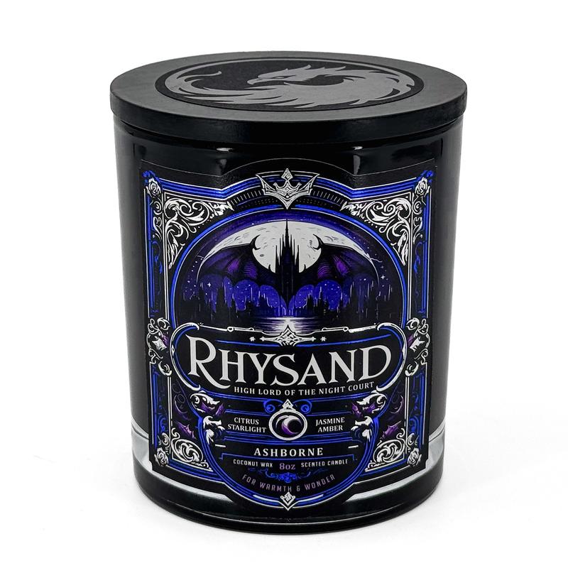 Rhysand - ACOTAR inspired 8oz Scented Candle - Citrus, Jasmine, Sea, Amber, Starlight - Natural Coconut Wax - 35 h Burn Time - Premium Foil Label