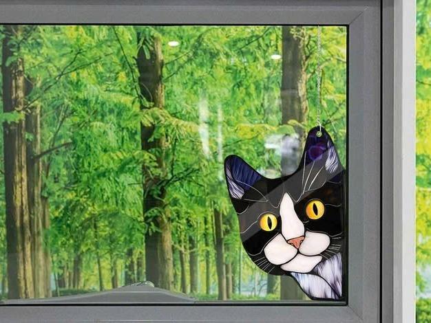 Cute tuxedo cat peeking Acrylic Window Hanging, Cat Mom gift, NOT Suncatcher, Mother's day gift, sneaking cat, Tuxedo cat lover gift