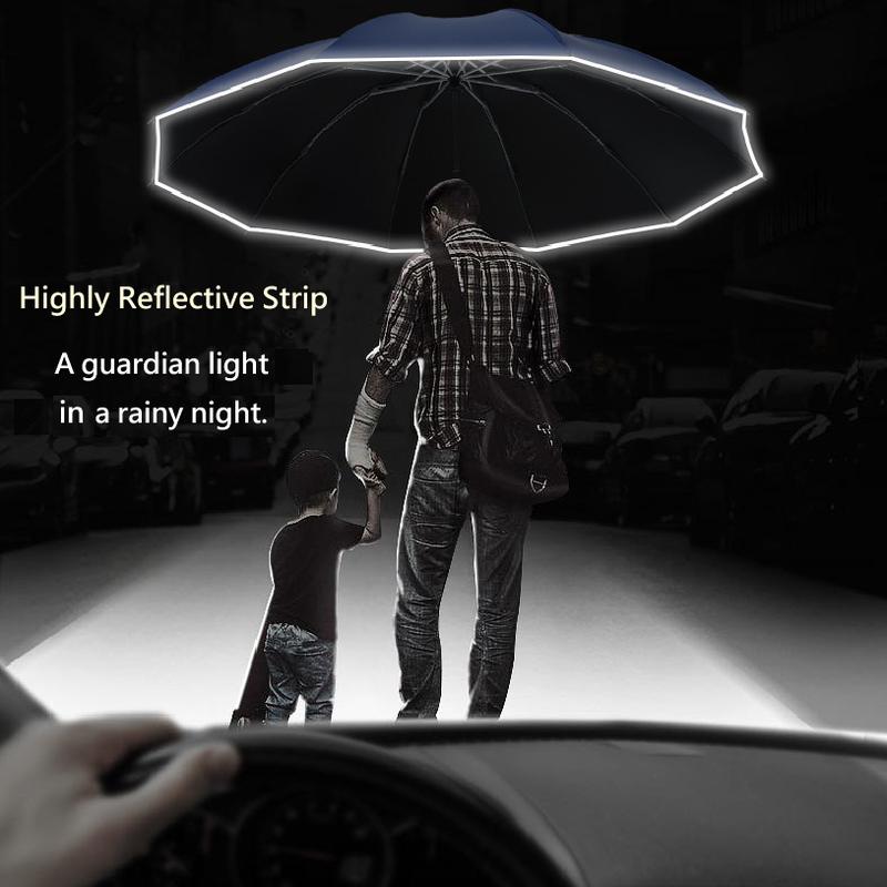 LED Light Automatic Folding Umbrella, Reflective Handle Foldable Portable Waterproof Parasols UV Protection Windproof Aluminum Cover outdoor