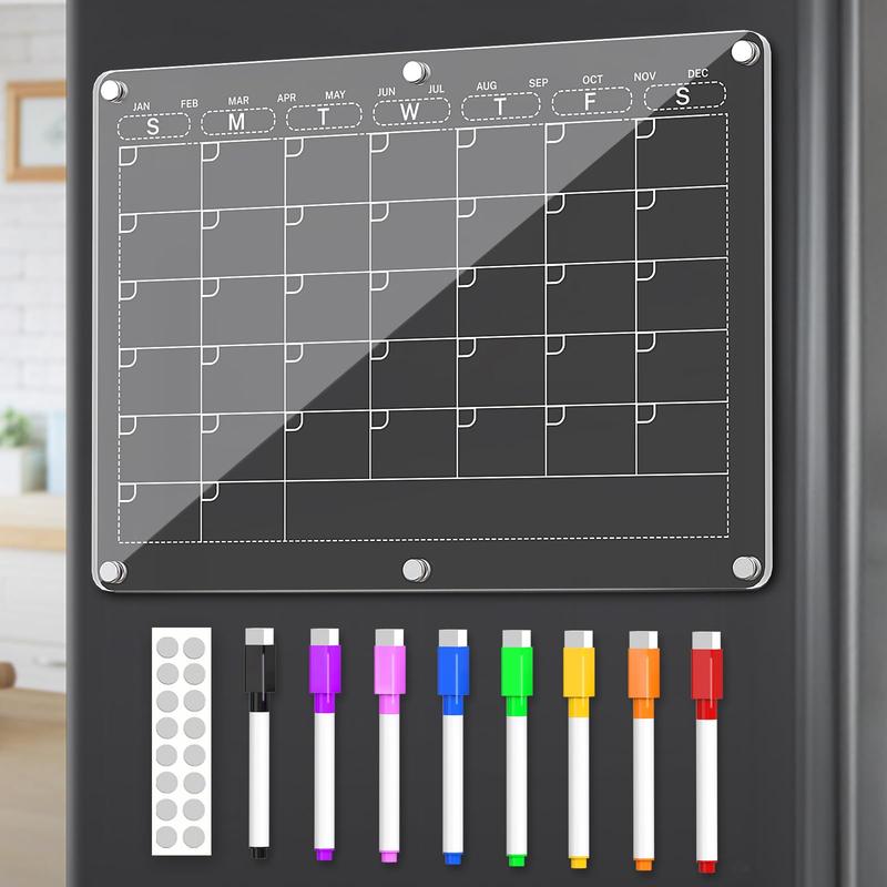 Acrylic Magnetic Calendar for Refrigerator, Clear Monthly Planner and Dry Erase Calendar for Fridge with 8 Colors of Markers, 14.2