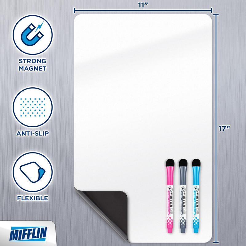 Mifflin-USA Magnetic Dry Erase White Board Sheet for Fridge (17x11 in), Stain-Resistant Refrigerator Whiteboard Organizer, Kitchen Planner Board w  3 Fine-Tipped Markers & Convenient Eraser