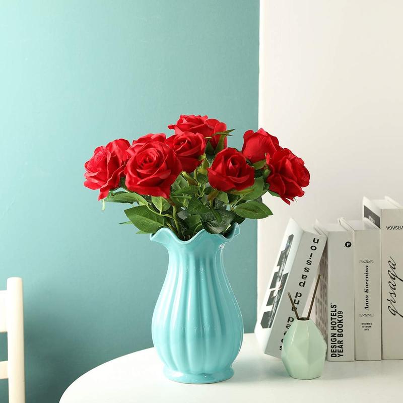 12PCS Artificial Silk Flowers Realistic Roses Bouquet Long Stem for Home Wedding Decoration Party A-Red -1