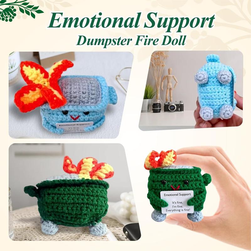 Emotional Support Dumpster- Handmade Crochet Dumpster Fire Doll, Christmas Dumpster Fire Knitting Toy Ornaments with Positive Card, Handmade Emotional Support Crochet Gift Desk Decor,Christmas Stocking Stuffers (Green)