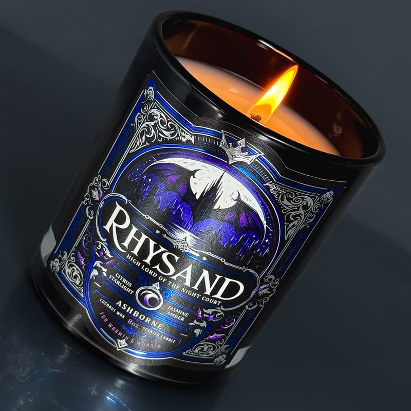 Rhysand - ACOTAR inspired 8oz Scented Candle - Citrus, Jasmine, Sea, Amber, Starlight - Natural Coconut Wax - 35 h Burn Time - Premium Foil Label