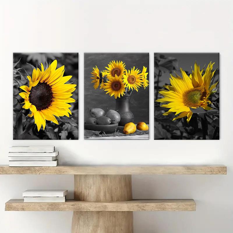 Sunflower Pattern Wooden Framed Canvas Painting, 3 Counts Modern Wall Art Poster, Wall Decor for Home Living Room Bedroom Office Room Decor, Christmas 2024 Ornament, Christmas Gift Ideas, Stocking Stuffers