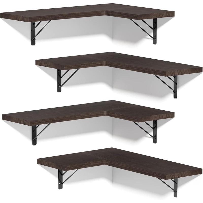 -Corner Shelf Wall Mounted,Floating Wall Shelves for Storage,Rustic Wood Hanging Shelves for Display,Bedroom Bathroom Living Room Kitchen,Set of 4, Dark Brown