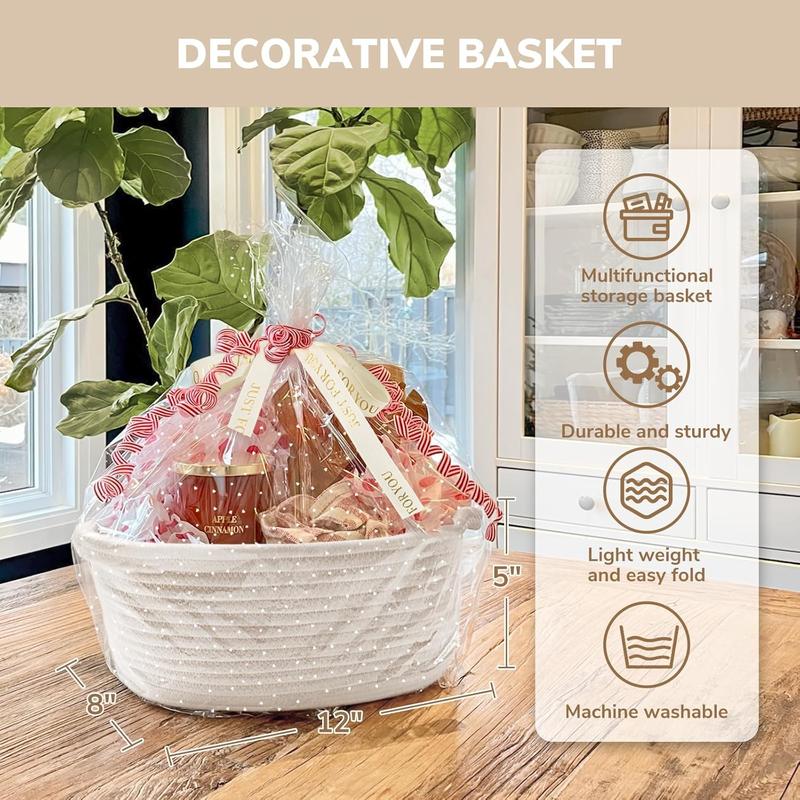 Woven Basket for Gifts, Small Basket for Towels, Cute Basket for , , White Basket with Gift Bags & Ribbon, Rope Baskets for Storage, Dog Basket for Pets, 12